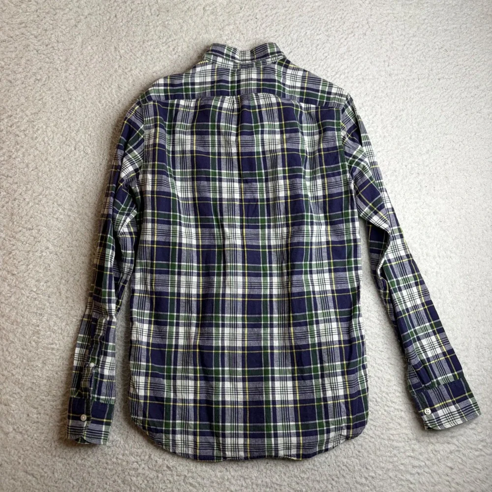 J. Crew Indian Madras Shirt Mens Small Slim Fit Plaid Button Down Navy Green